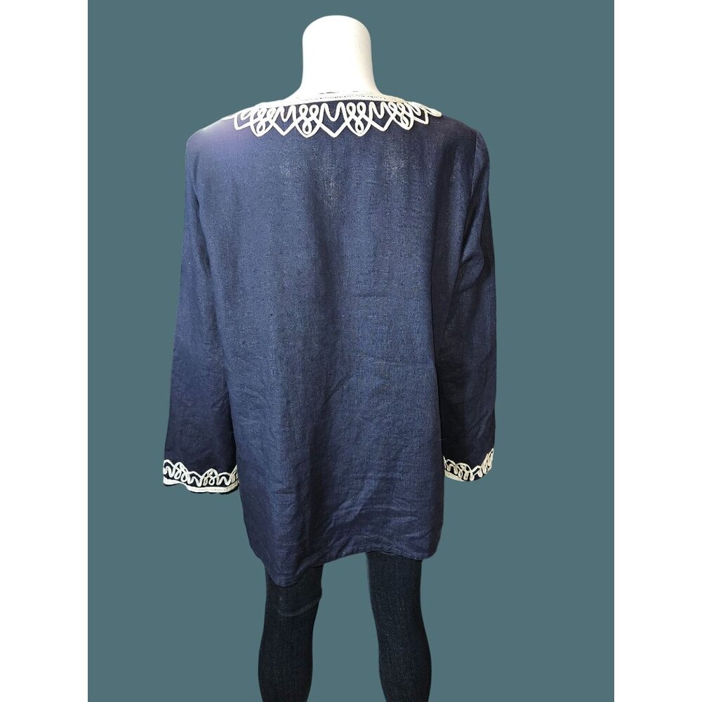 Talbots 100% Linen V Neck Embroidered Trim Navy Blue Tunic Women L Boho - Picture 2 of 8